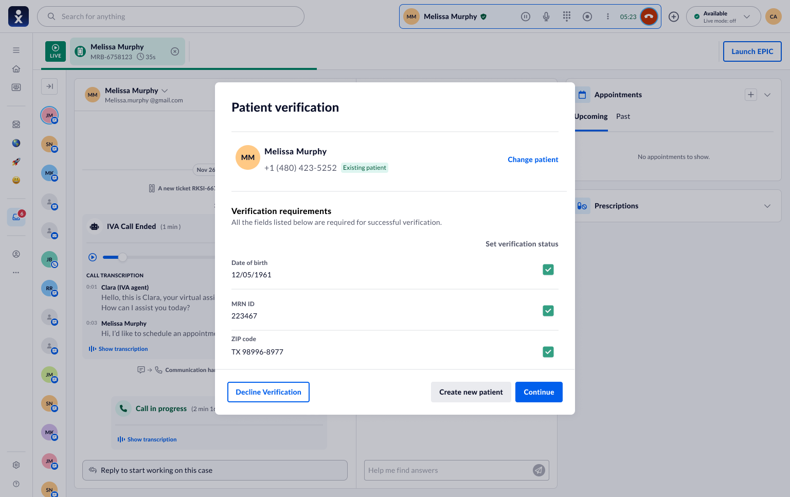 Patient verification modal with date of birth, MRN ID, and ZIP code fields to check off