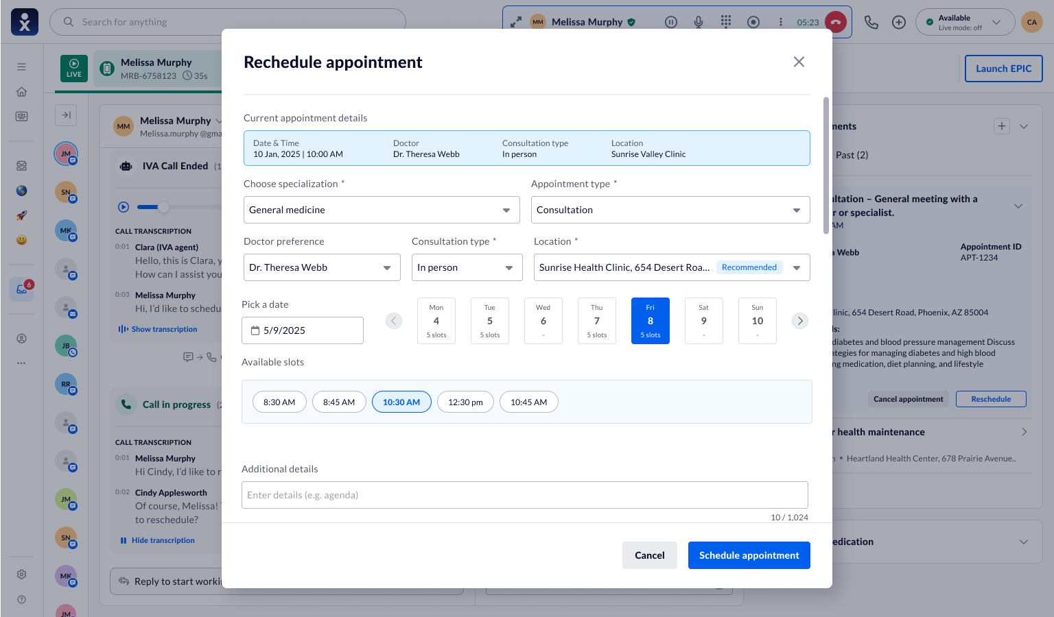 Reschedule flow with current appointment details pinned at the top