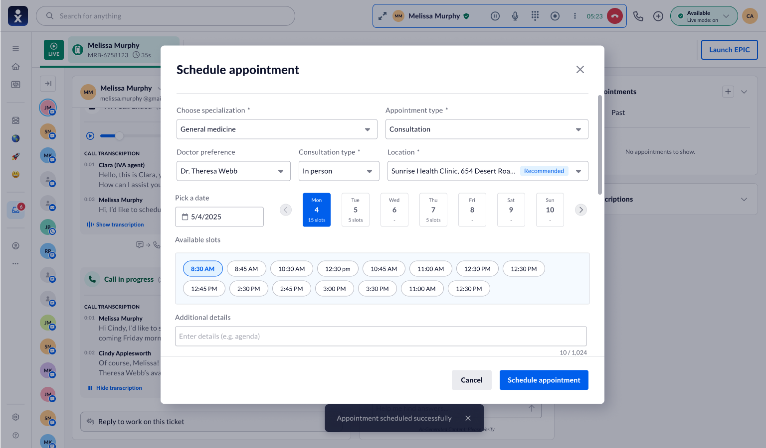 Manual appointment scheduler modal with specialization, provider, location, and slot picker