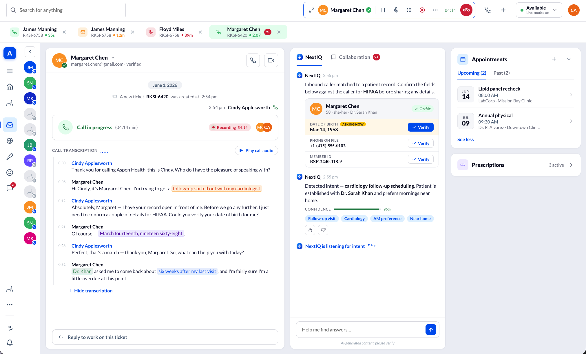 Inline HIPAA verification and NextIQ intent detection panel showing 96% confidence with evidence chips: follow-up visit, cardiology, AM preference, near home
