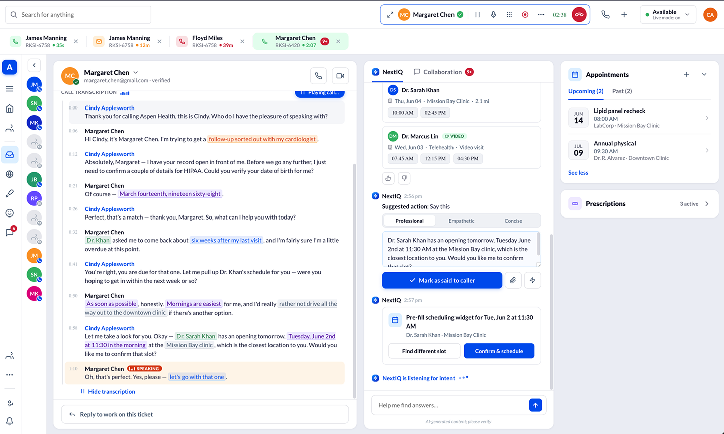 The unified agent workspace mid-call, with NextIQ drafting a suggested action and pre-filling the booking