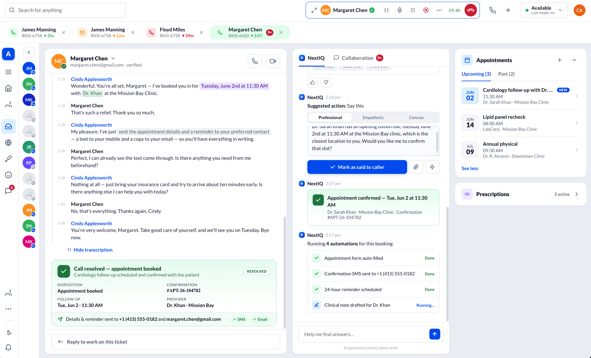 Appointment confirmed with confirmation number, and four automations completing: form auto-filled, SMS sent, reminder scheduled, clinical note drafted